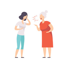 Elderly gray haired woman yelling at frustrated young woman, mother scolding her adult daughter vector Illustration on a white background