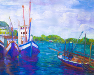 Oil painting fishing boat on canvas near the bridge.