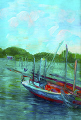 Fototapeta na wymiar Oil painting fishing boat on canvas near the bridge.