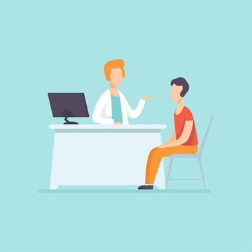 Male practitioner doctor advising patient in medical office, medical treatment and healthcare concept vector Illustration