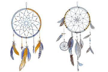 Two hand drawn ornate Dream catchers with feathers in soft trendy colors. Astrology, spirituality, magic symbol. Ethnic tribal element.