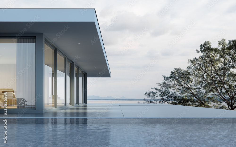 Poster perspective of modern building with terrace and swimming pool on sea view background,idea of family 