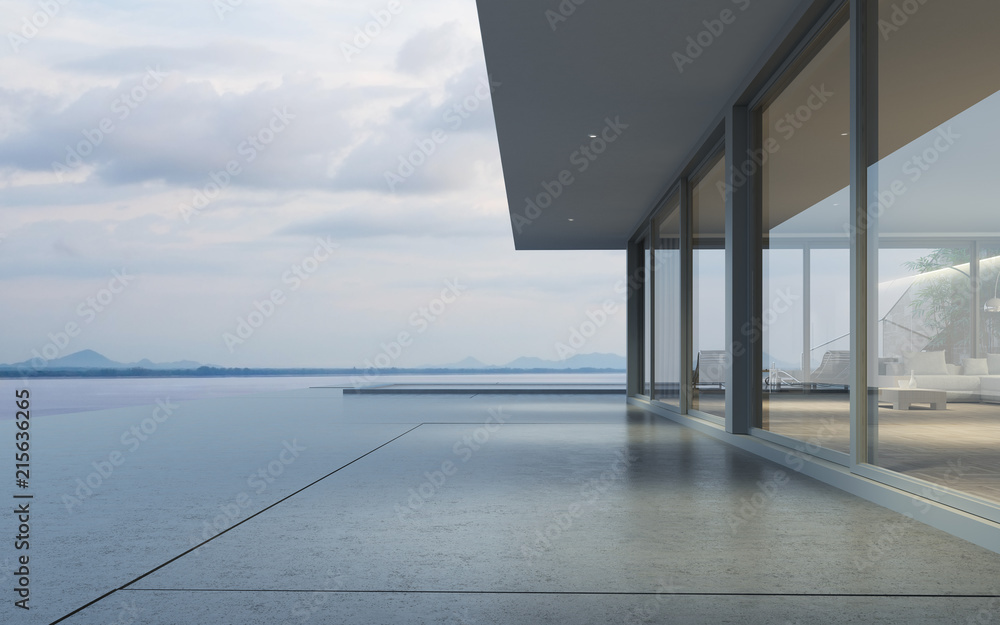 Poster perspective of modern building with terrace and swimming pool on sea view background,idea of family 