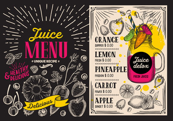 Juice smoothie menu for restaurant and cafe. Vector drink flyer on blackboard background. Design template with vintage hand-drawn illustrations.