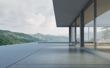Tapeten Perspektive eines modernen Gebäudes mit Terrasse und Swimmingpool auf Bergblick im Hintergrund, Idee eines Familienurlaubs. 3D-Rendering. © nuchao