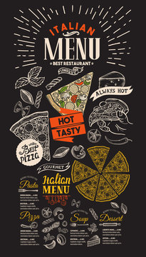 Pizza restaurant menu on chalkboard background. Vector food flyer for bar and cafe. Design template with vintage hand-drawn illustrations.