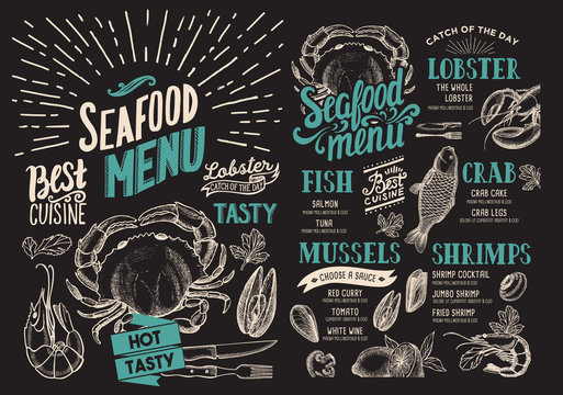 Seafood menu for restaurant on chalkboard background. Vector food flyer for bar and cafe. Design template with vintage hand-drawn illustrations.