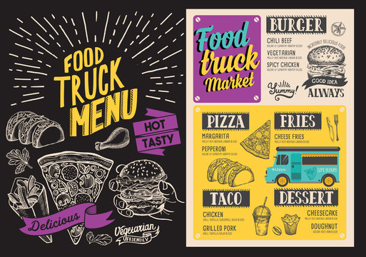 Food truck menu. Design template with doodle hand-drawn graphic illustrations.
