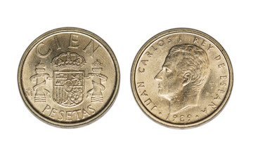Moneda de 100 pesetas.
Anverso: CIEN y el escudo de España
Reverso: Retrato del rey Juan Carlos...