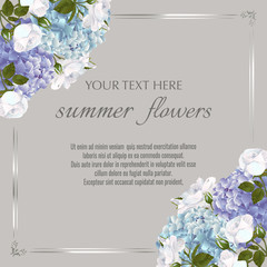 Template for greeting cards, wedding decorations, invitation,sales. Vector banner with Luxurious white roses and hydrangea flowers. Spring or summer design.