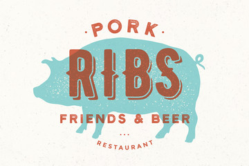 Pig, pork. Vintage logo, retro print, poster for Butchery meat shop with text, typography Pork, Ribs, Restaurant, pig silhouette. Logo template for restaurant, meat business. Vector Illustration © foxysgraphic