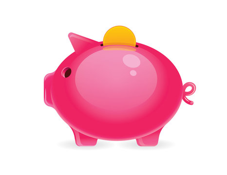 Vector colorful illustration of a piggy bank with a gold coin on top. realistic drawn Pink funny pig with gold coin inside isolated from white background