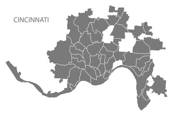 Cincinnati Ohio city map with neighborhoods grey illustration silhouette shape