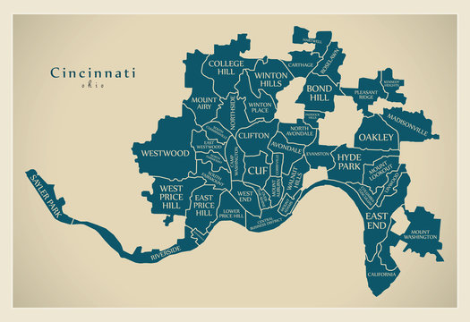 Modern City Map - Cincinnati Ohio city of the USA with neighborhoods and titles