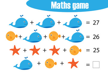 Maths game with pictures  of ocean animals for children, middle level, education game for kids, preschool worksheet activity, task for the development of logical thinking, vector illustration