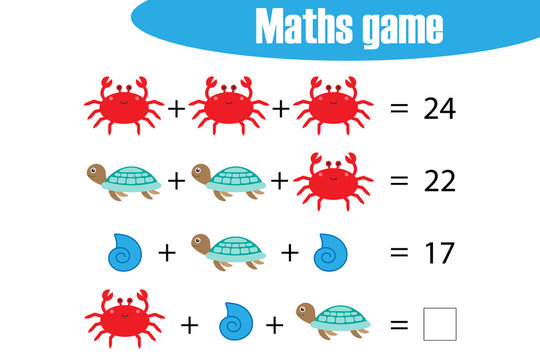 Maths game with pictures (ocean animals) for children, middle level, education game for kids, preschool worksheet activity, task for the development of logical thinking, vector illustration