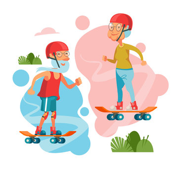 Older people leading an active lifestyle. Old people play sports. Vector illustration.