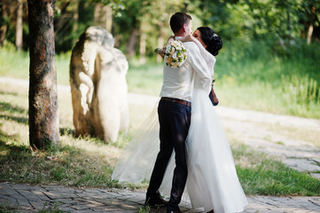 Beautiful wedding couple dancing outdoors in the park.