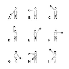 Semaphore signals alphabet, black latin letters on white