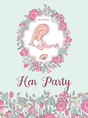 Invitation to the bachelorette party before the wedding. Charming vector illustration. Beautiful girl with a ring on her finger in a flower frame.