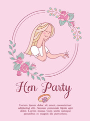 Invitation to the bachelorette party before the wedding. Charming vector illustration. Beautiful girl with a ring on her finger in a flower frame.