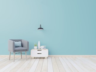 Interior mock up with armchair,pillow and cabinet in living room with empty blue wall. 3D rendering.