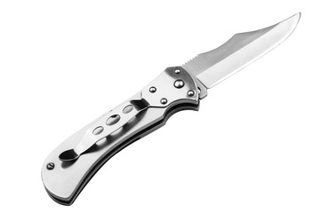 Steel folding knife with an open blade isolated on a white background