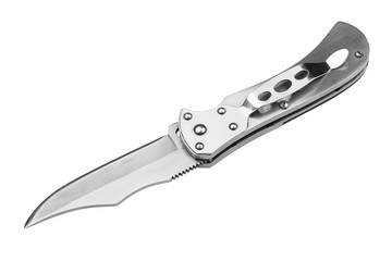 Steel folding knife with an open blade isolated on a white background