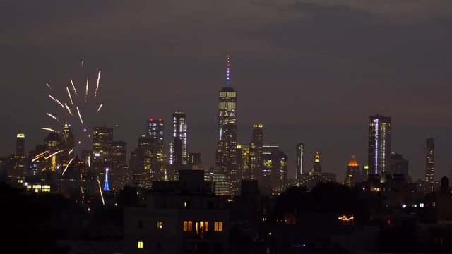 NEW YORK CITY - JUL 4: Independence Day fireworks above the Manhattan skyline