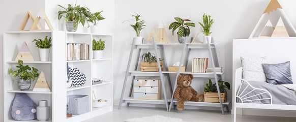Books, boxes, plants and decorations on shelves in a kid's bedroom interior