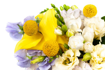 Bouquet of various beautiful flowers, close-up, on a white background