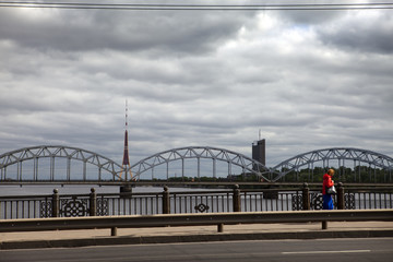 View on Railway Bridge over Daugava River in Riga, Latvia