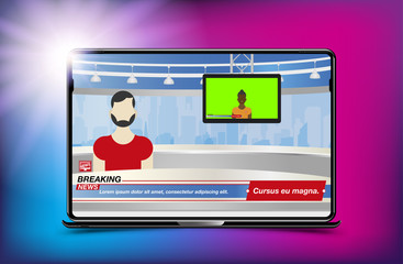 Anchorman in Breaking News. Banner Breaking News template in realistic laptop on colour background. Concept for screen TV channel. Flat vector illustration EPS10