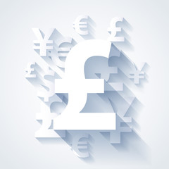 Currencies symbols paper white background.