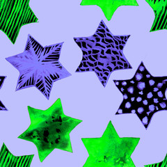 Seamless Watercolor Stars Pattern. Magic Festive Background. Hand Drawn Doodle Stars. Baby Design. Abstract Rapport for Wallpaper, Textile, Linen, Wrapping, Posters, Cards, Banner. New Year, Birthday 