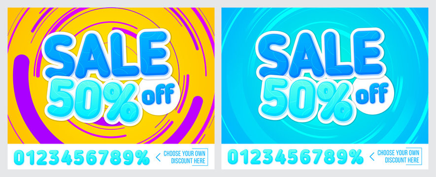 50% off. Sale banner on colorful background. Sale poster. Geometric design. Super Sale and special offer. Vector illustration.