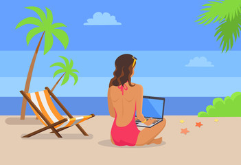 Girl-Freelancer Works on Laptop at Tropical Beach