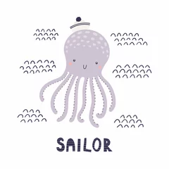 Printed kitchen splashbacks Illustrations Hand drawn vector illustration of a cute funny octopus sailor in a hat, with text. Isolated objects on white background. Scandinavian style flat design. Concept for kids, nursery print.