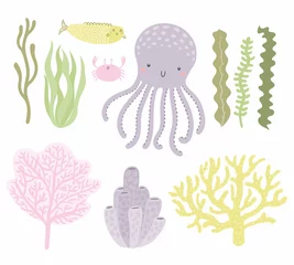 Foto op Plexiglas Zee set met leuke grappige octopus, krab, vis, koralen, zeewier. Geïsoleerde objecten op een witte achtergrond. Hand getekend vectorillustratie. Scandinavische stijl plat ontwerp. Concept voor kinderen afdrukken. © Maria Skrigan