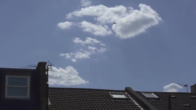 Plane flies far away in the sky