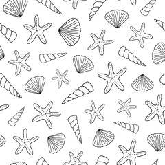 Seamless pattern with doodle seashells.