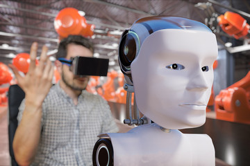 Man with headset is controlling robotic head. Artificial intelligence concept.