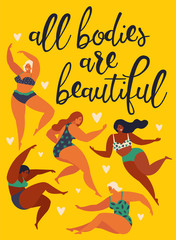 All bodies are beautiful Body positive. Happy girls are dancing. Attractive overweight woman. Vector illustration.