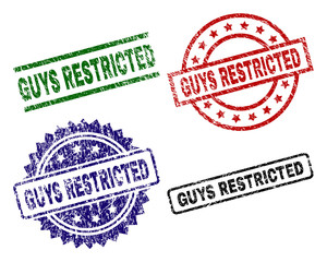 GUYS RESTRICTED seal stamps with distress texture. Black, green,red,blue vector rubber prints of GUYS RESTRICTED text with dirty texture. Rubber seals with round, rectangle, rosette shapes.