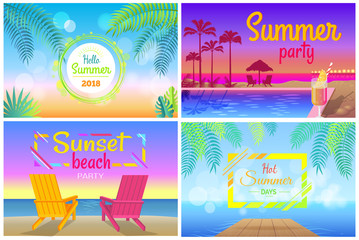 Sunset Beach Party Hello Summer Time Posters Set