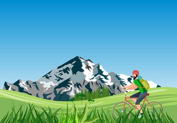 Eco, extreme tourizm theme vector illustration, bycyclist tourist, moutains, nature.