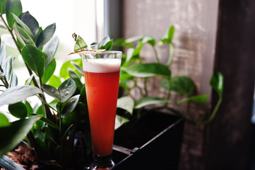 Alcoholic long cocktail  in glass at bar table.