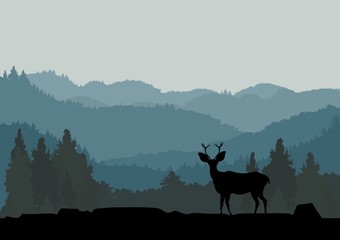 Hills covered with forest silhouettes, deers on a valley forest, nature wildlife scene