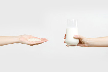 Close up female hold in two hands rice milk in glass, handful of rice isolated on white background. Proper nutrition, vegan vegetarian drink, healthy lifestyle dieting concept. Copy space advertising.