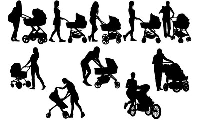 Woman with Stroller Silhouette | Mother with Buggy Vector | Babysitter with Carriage | Clipart Clip art Logo